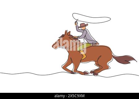 Single continuous line drawing cowboy on horse galloping across dusty field. Cowboy on bucking horse running with lasso. Cowboy with rope lasso on hor Stock Vector