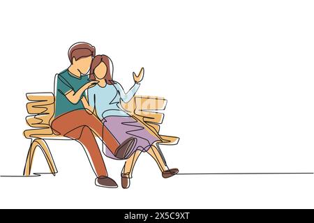 Single continuous line drawing romantic couple on bench in park. Happy man hugging and embracing woman. Couple dating celebrate wedding anniversary. O Stock Vector