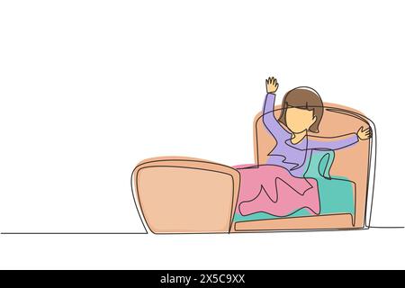 Continuous one line drawing little girl wake up and still yawning, still lying in bed under blanket. Sleepy child on bed in late weekend morning. Sing Stock Vector