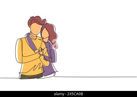 Single one line drawing lovers man and woman hug. Happy family concept. Couple in relationship in love. Happy man hugging his partner woman. Modern co Stock Vector