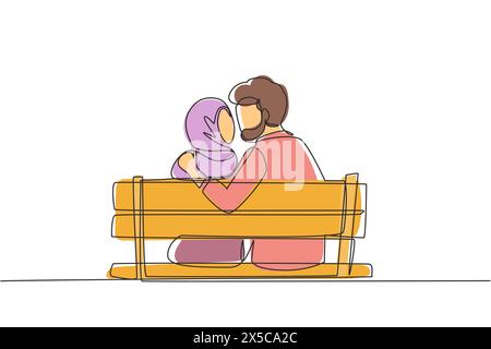 Continuous one line drawing back view Arabian couple kissing sitting on bench in park romantic scenery. Happiness guy and girl relationship in love. S Stock Vector