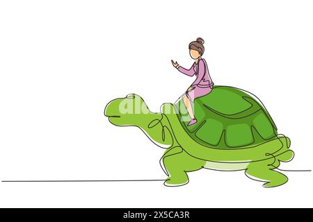 Continuous one line drawing businesswoman riding huge turtle. Slow movement to success, manager driving giant tortoise. Business competition concept. Stock Vector