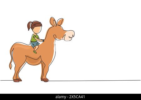 Single one line drawing happy cute girl riding cute donkey. Child sitting on back donkey with saddle in ranch park. Kid learning to ride donkey. Conti Stock Vector