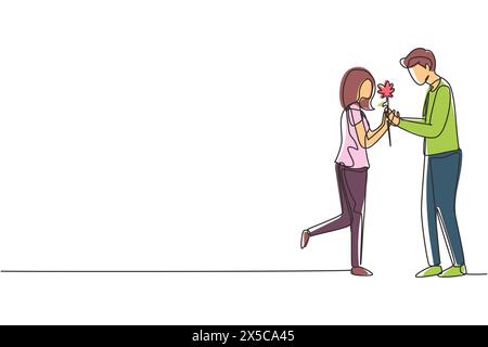 Single continuous line drawing adorable happy couple in love on romantic date. Cute smiling boy giving rose flower to girl. Young man and woman met fo Stock Vector