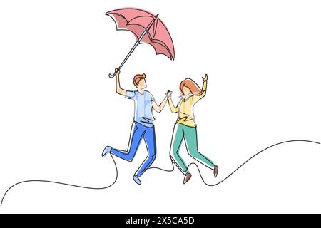 Continuous one line drawing couple in love walking under rain with umbrella. Man and woman walking along city street and jumping. Married couple roman Stock Vector