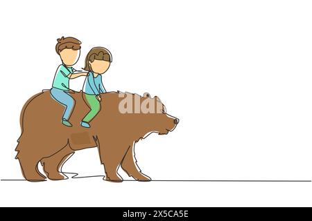 Continuous one line drawing happy boy and girl riding brown grizzly bear together. Children sitting on back big bear at circus event. Kids learning to Stock Vector