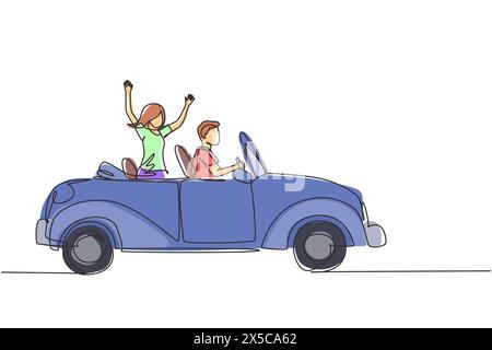 Single continuous line drawing newly married couple groom in vehicle. Happy man and woman riding wedding car. Married couple romantic relationship. On Stock Vector