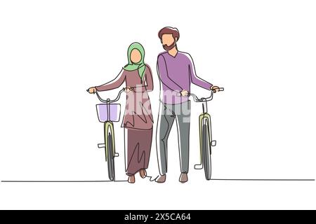 Single continuous line drawing cyclists walking down forest road with ...