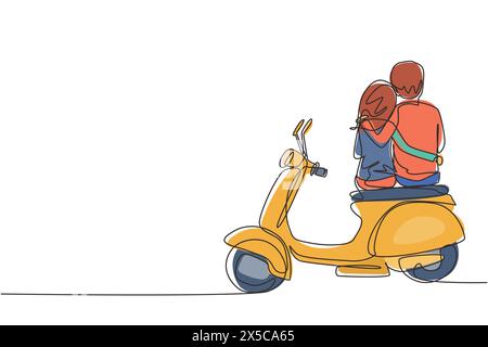 Single one line drawing riders couple trip travel relax. Romantic honeymoon moments with hugging. Cute man with woman riding scooter motorcycle. Conti Stock Vector