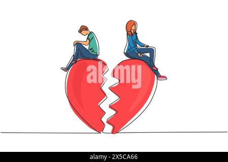 Single continuous line drawing relationship break up, broken heart, couple facing opposite direction. Couple sitting on big broken heart shape. Dynami Stock Vector