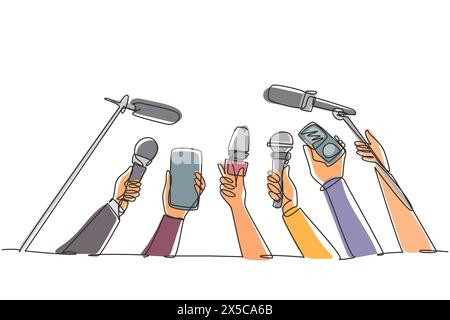 Continuous one line drawing hand with microphone. Journalism concept. Set of hands holding microphones. Press hands flat hand. Microphone. Journalist. Stock Vector