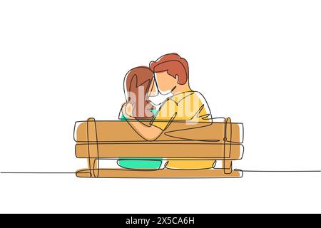 Single one line drawing couple sweet kissing sitting on bench in park romantic scenery. Happiness guy and girl relationship in love. Modern continuous Stock Vector