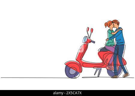 Single continuous line drawing scooter, travel, couple, adventure, ride concept. Family couple travel by scooter. Happy man and woman ride motorcycle. Stock Vector