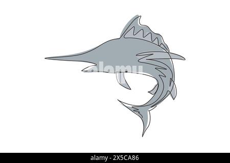 Single continuous line drawing marlin fish logo. Unique and fresh blue marlin under ocean water. Great to use to your blue marlin fishing activity mas Stock Vector