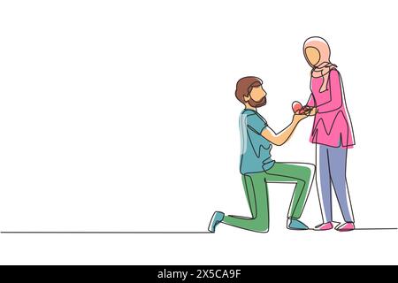 Continuous one line drawing Arabian man kneeling holding engagement ring proposing woman marry him happy marriage wedding. Guy on knees proposing girl Stock Vector