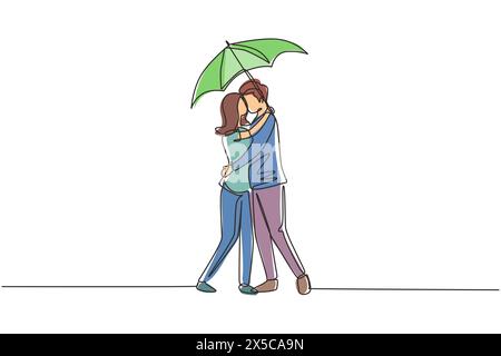 Single continuous line drawing woman and man under umbrella stand in rain and kiss each other. Young couple lovers kissing. Happy boy and girl dating Stock Vector