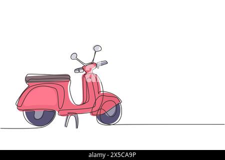 Single continuous line drawing Scooter. Retro transport. Black vespa icon. Modern scooters motorcycle for urban citizen. Stylish vintage scooter for t Stock Vector
