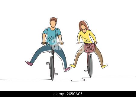 Continuous one line drawing happy funny young couple riding on bicycle. Romantic teenage couple ride bike. Young man and woman in love. Happy married Stock Vector