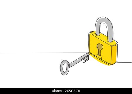 Single continuous line drawing lock and key, isometric image. Key and lock. Safety lock with key icon image. Success, solution, opportunity and safety Stock Vector