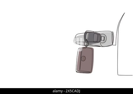 Continuous one line drawing car keys were plugged into car door. Sale, lease and purchase of cars. Auto rental concept. Suitable for vehicle business. Stock Vector