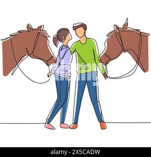 Single continuous line drawing romantic couple with horses. Young man and woman meet for dating with ride horse. Engagement and love relation. Dynamic Stock Vector