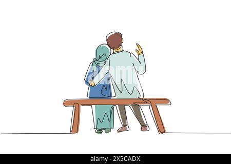 Continuous one line drawing embracing Arabian couple sitting on bench. Happy family concept. Couple in relationship in love. Happy man hugging his par Stock Vector