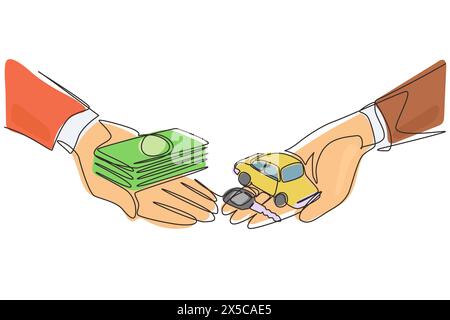 Single continuous line drawing buying or renting car. Car and money holding in hand. Hand of car salesman manager and customer holding car and money. Stock Vector