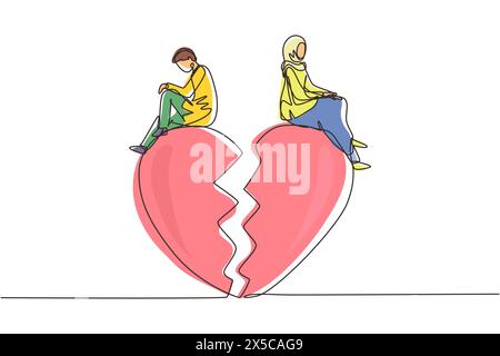 Continuous one line drawing relationship break up, broken heart, couple facing opposite direction. Arabian couple sitting on big broken heart shape. S Stock Vector