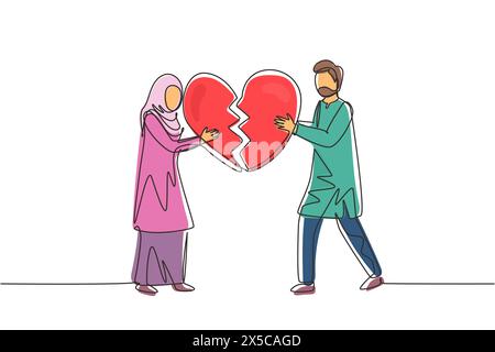 Single one line drawing heartbroken Arabic couple parting, divorce. Sad young man and woman trying to put together parts of broken heart. Modern conti Stock Vector