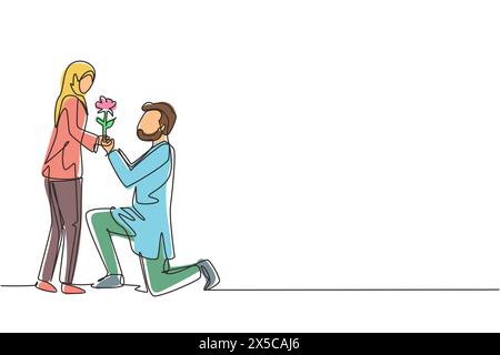 Continuous one line drawing Arab man on knee gives flowers to woman. Young guy giving to girl rose flower for propose her. Romantic couple in love. Si Stock Vector