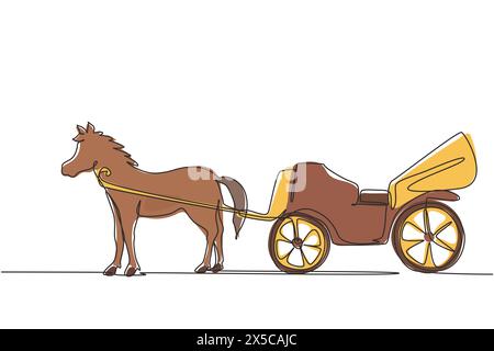 Single continuous line drawing vintage transportation, horse pulling carriage. Stock Vector