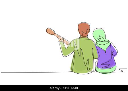 Single one line drawing Arabian couple playing guitar on summer season. Hugging couple sitting at park with guitar. Romantic dating on outdoor nature. Stock Vector