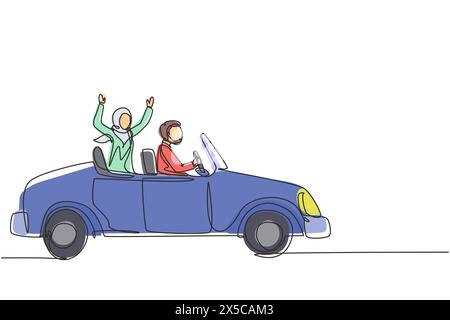 Continuous one line drawing newly married Arabian couple groom in vehicle. Happy man and woman riding wedding car. Married couple romantic relationshi Stock Vector