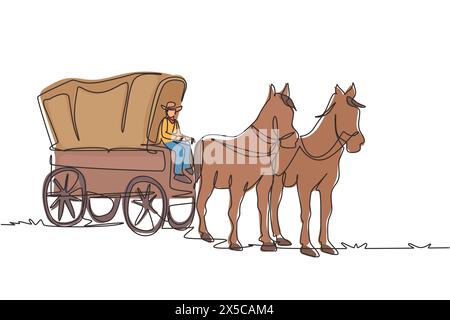 Single one line drawing vintage western stagecoach with horses. Wild west covered wagons and cowboy in desert landscape. Western with old wagon. Conti Stock Vector