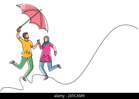 Single continuous line drawing Arabic couple in love walking under rain with umbrella. Man and woman walking along city street and jumping. Married co Stock Vector