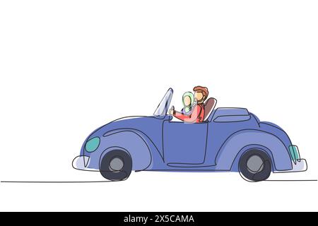 Single continuous line drawing cute elegant couple on road trip in vintage retro car. Happy Arabian man and woman in vehicle. Married couple romantic Stock Vector