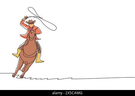 Continuous one line drawing cowboy with rope lasso on horse. American cowboy riding horse and throwing lasso. Cowboy on bucking horse running with las Stock Vector