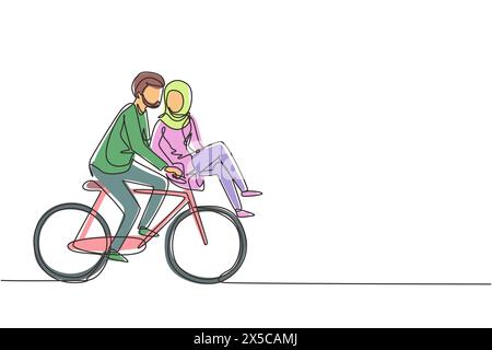 Single one line drawing romantic Arab couple on date riding bicycle. Young man and woman in love. Happy married couple cycling together. Modern contin Stock Vector