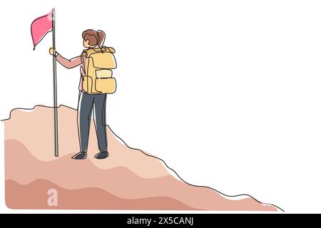 Continuous one line drawing young girl with backpack standing on top of the mountain, female climber reached the summit, summer holidays adventure. Si Stock Vector