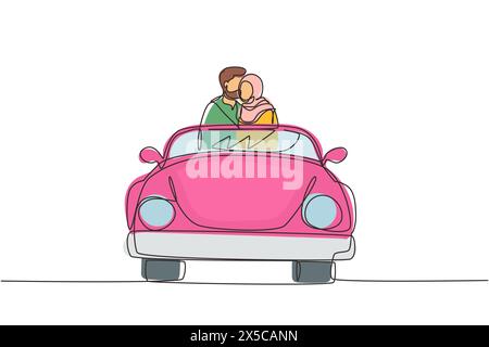 Single continuous line drawing happy Arabian couple on road trip in vintage retro car. Man and woman in vehicle. Married couple romantic relationship. Stock Vector