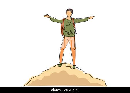 Single one line drawing successful climber man stands with arms outstretched on top of mountains. Male raised his hands up in joy. Achieving success. Stock Vector