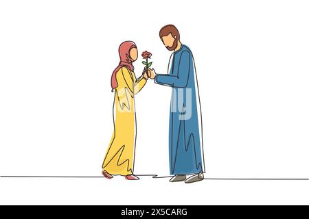 Single continuous line drawing adorable happy Arab couple in love on romantic date. Cute smiling boy giving rose flower to girl. Young man and woman m Stock Vector