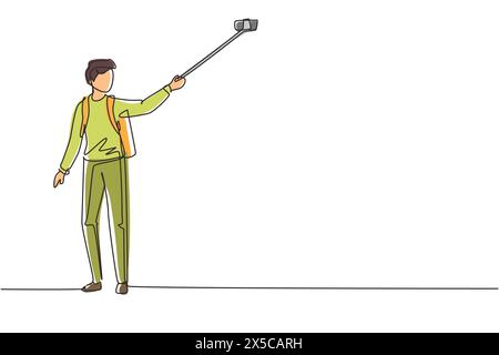 Continuous one line drawing climber man with selfie stick and backpack hiking in mountain. Extreme sport travel nature, alpinist standing and making s Stock Vector