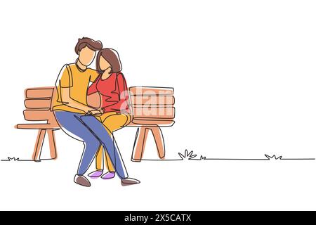 Single continuous line drawing romantic couple. Woman man sitting on bench in city park. Happy family concept. Intimacy celebrates wedding anniversary Stock Vector