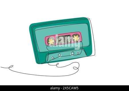 Single continuous line drawing retro compact tape cassette. Vintage music icon audio cassette tape element in doodle style isolated on a white. Dynami Stock Vector