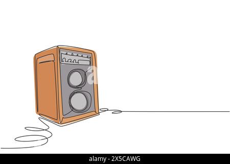 Single continuous line drawing Sound speaker in wooden body. Music loudspeaker, sub woofer acoustic stereo musical equipment icon. Party sound. Dynami Stock Vector
