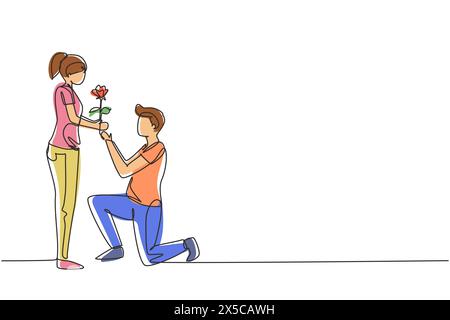 Single one line drawing man on knee gives flowers to woman. Young guy giving to girl rose flower for propose her. Happy romantic couple in love. Conti Stock Vector