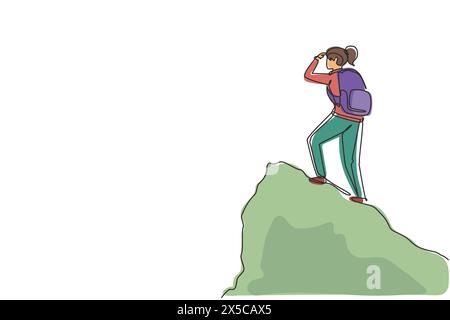 Continuous one line drawing woman traveler or explorer standing on top of mountain or cliff and looking straight. Discovery, exploration, hiking, trav Stock Vector