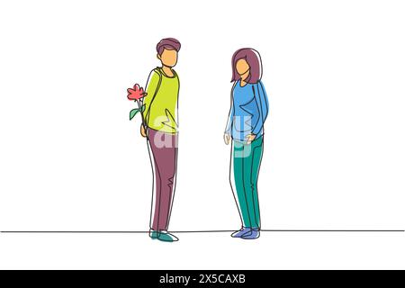 Continuous one line drawing man holding flowers behind his back and standing in front of woman. Happy boy giving rose flower to girl. Young man and wo Stock Vector