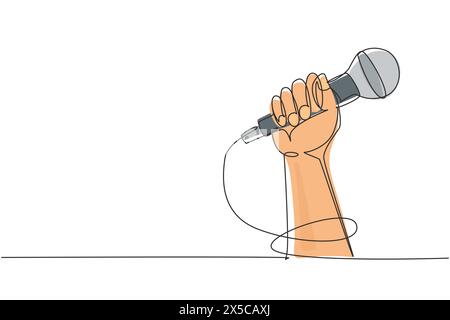 Single continuous line drawing microphone in hand, hand holding microphone in fist. Rock hand gesture holding microphone. Rock and roll music live. On Stock Vector